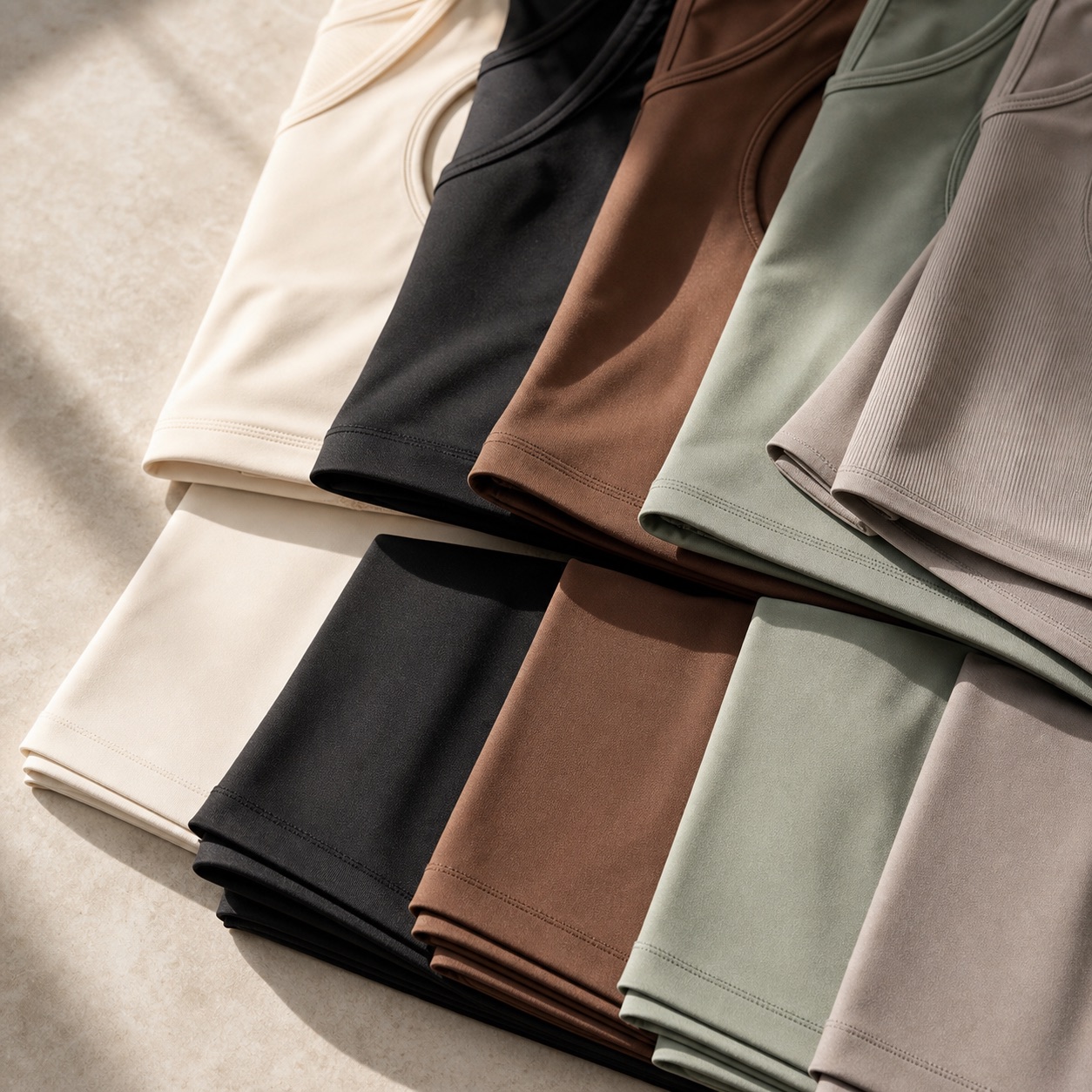 Ivory, black, espresso, sage, and taupe TRILUME fabric stack
